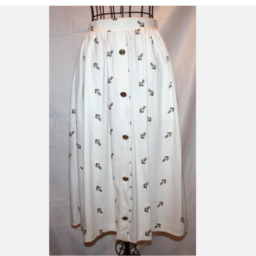 Nautical Theme Skirt White with Gold Anchor Pattern & Buttons XS 1980's Vintage